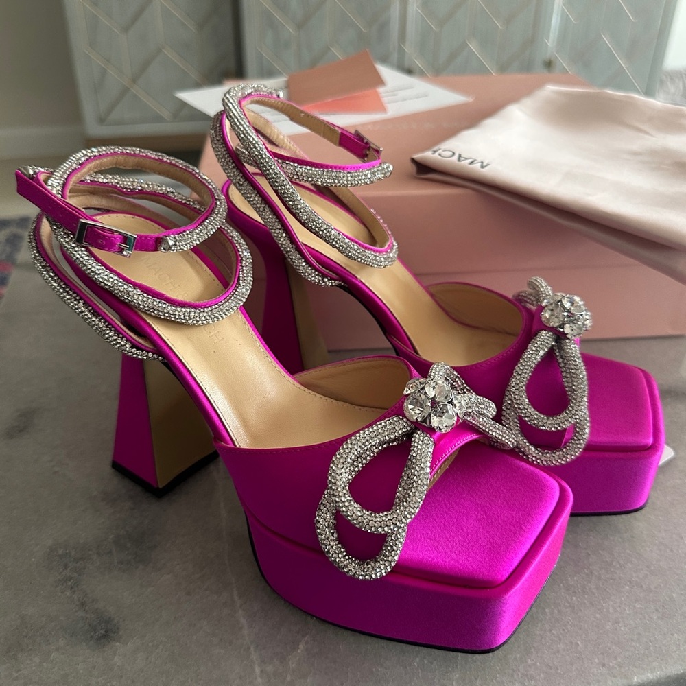 Mach & Mach 140 Crystal Embellished Double Satin Platform Sandals Fuchsia 37.5